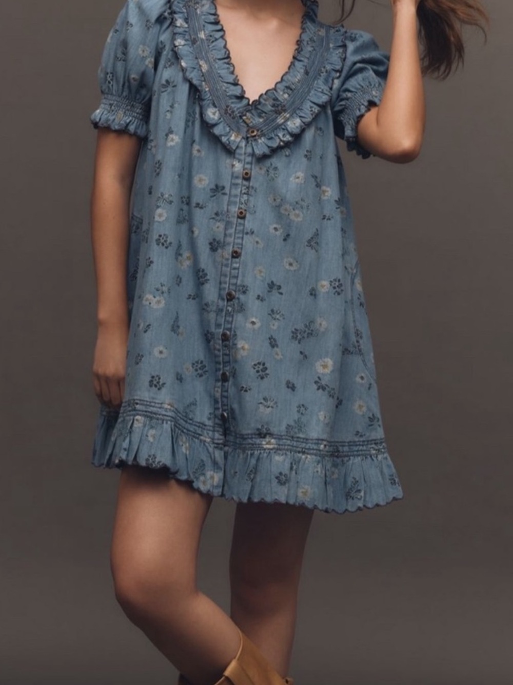 Pilcro Light Blue Floral Ruffle-Trim Mini Dress